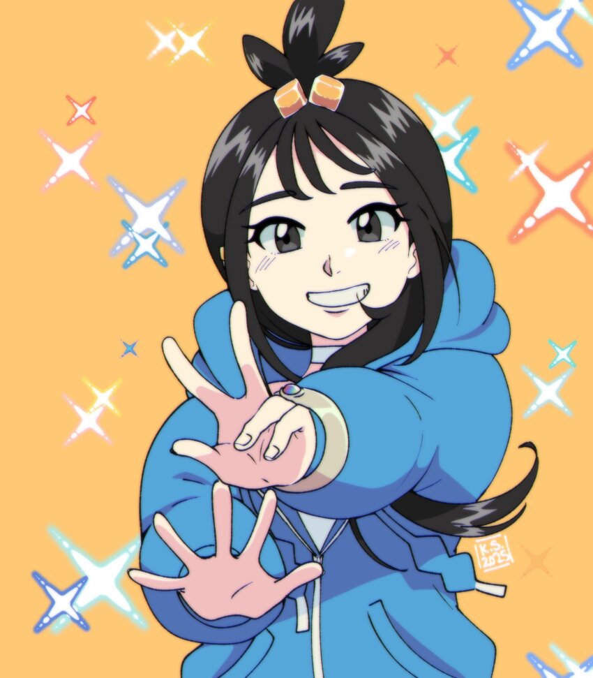 black_eyes, black_hair, blue_jacket, clenched_teeth, faux_retro_artstyle, highres, jacket, kaguras-art