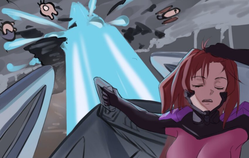 1girl, adjusting_hair, ahoge, armored_bodysuit, beam_cannon, beta_(muv-luv), bodysuit, breasts, energy_beam, fortified_suit, fortified_suit_(kagami_sumika), hair_intakes, hand_in_own_hair, hashtag-only_commentary, impossible_bodysuit, impossible_clothes, kagami_sumika, large_breasts, long_hair, mecha, mecha_pilot_suit, meme, muv-luv, muv-luv_alternative, naoya_hitting_choso_without_looking_(meme), pink_bodysuit, red_hair, robot, scene_reference, takasata_takina, xg-70b_susanoo_ii