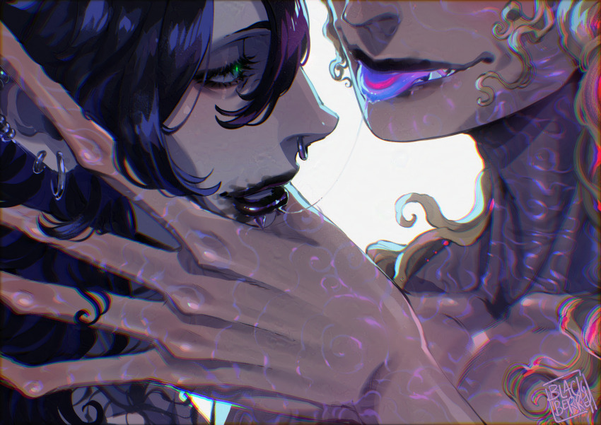 2boys, absurdres, after_kiss, black_hair, blackberreh-art, colored_tongue, design_speculation, distortion_(tma)