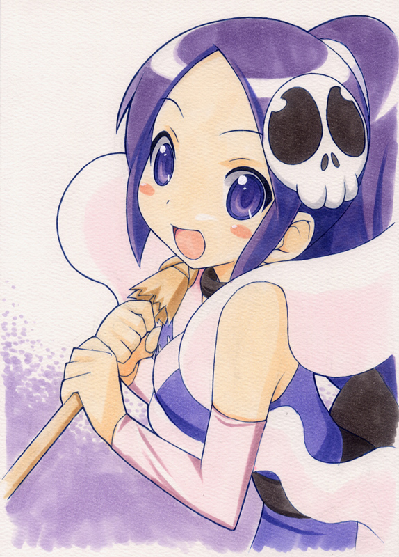 1girl, :d, blush_stickers, broom, detached_sleeves, elysia_de_lute_ima, female_focus, hair_ornament