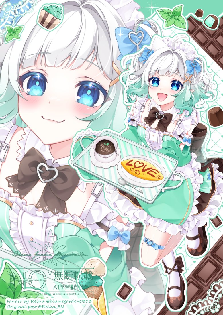 1girl, ahoge, blue_eyes, bow, chocolate, commentary, cup, cupcake
