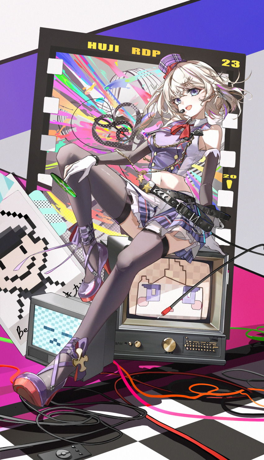 1girl, :d, azur_lane, bare_shoulders, belt, black_belt, blonde_hair, blue_eyes, blush, braid, breasts, buttons, cd, commentary_request, crt, double-breasted, full_body, gloves, happy, hat, high_heels, highres, holding_cd, knee_up, medium_breasts, medium_hair, microphone, mini_hat, miniskirt, multicolored_hair, multiple_belts, my_neighbor_totoro_yerby, navel, open_mouth, pleated_skirt, shirt, single_braid, sitting, skirt, sleeveless, sleeveless_shirt, smile, solo, streaked_hair, television, thighhighs, white_gloves, z23_(azur_lane), z23_(serious_idol_@acting_manager?!)_(azur_lane)