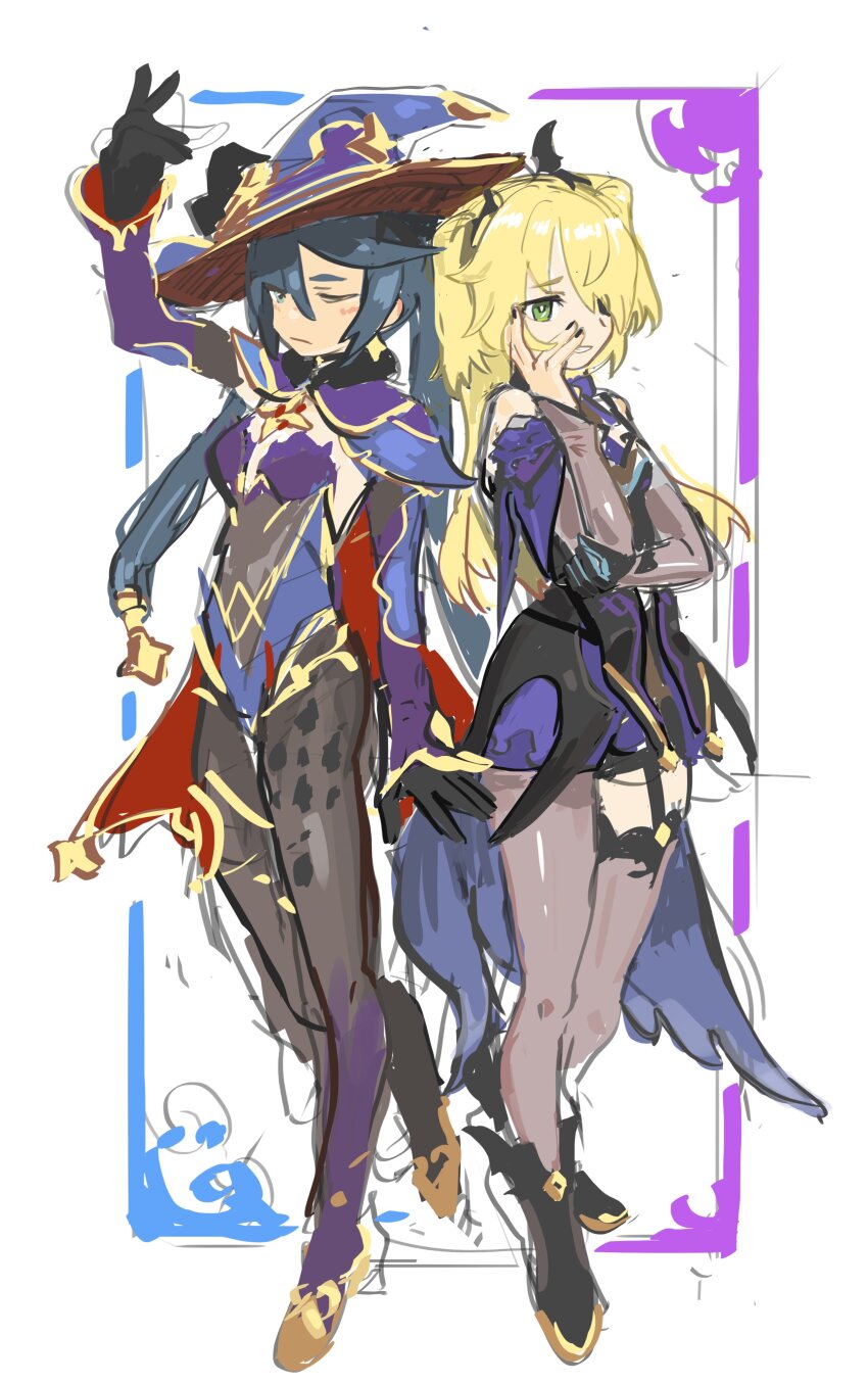 2girls, black_hair, blonde_hair, bodysuit, dress, fischl_(genshin_impact), full_body, genshin_impact, green_eyes, hat, long_hair, mona_(genshin_impact), multiple_girls, qyuandee3, standing, twintails, witch_hat