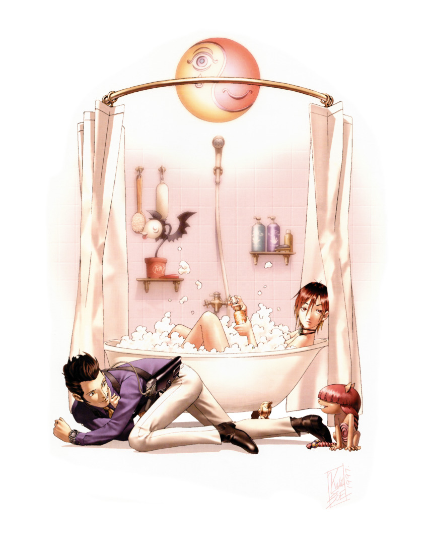 1boy, 1girl, absurdres, all_fours, artist_name, bathing, bathtub, black_hair