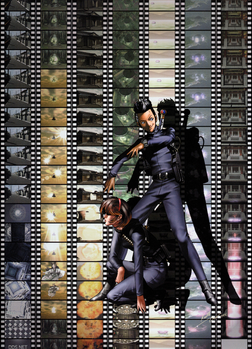 1boy, 1girl, absurdres, artist_name, belt, belt_pouch, black_belt, black_bodysuit