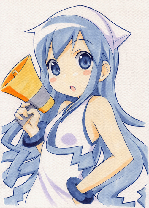 1girl, :o, blue_eyes, blue_hair, blush_stickers, dress, female_focus, hand_on_own_hip