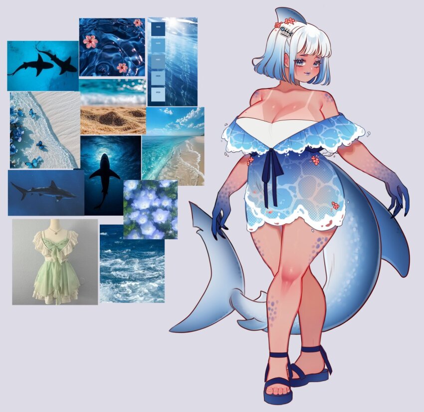 02_nai, 1girl, bare_legs, bare_shoulders, blue_eyes, blue_eyeshadow, blue_hair, blue_lips, blue_sandals, blush, breasts, cleavage, eyeshadow, fins, fish_skeleton_hair_ornament, fish_tail, flower, gradient_hair, hair_flower, hair_ornament, highres, large_breasts, makeup, multicolored_hair, original, pink_flower, reference_inset, sandals, shadow, shark_girl, shark_tail, short_hair, solo, tail, tan, tanline, white_hair