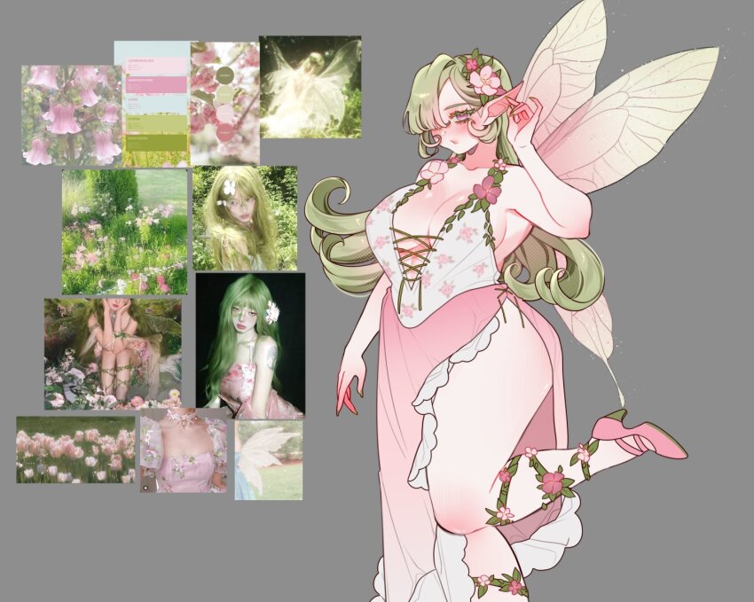 02_nai, 1girl, blush, breasts, cleavage, dress, fairy_wings, flower, foot_out_of_frame, green_hair, grey_background, hair_flower, hair_ornament, hair_over_one_eye, high_heels, highres, large_breasts, leg_up, long_hair, original, pink_flower, pink_shoes, pointy_ears, purple_eyes, reference_inset, shoes, side_slit, simple_background, sleeveless, sleeveless_dress, solo, wings