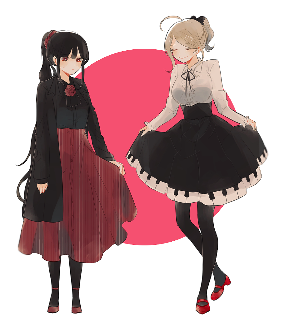 2girls, ^_^, ahoge, akamatsu_kaede, alternate_costume, annoyed, ascot, black_ascot, black_bow, black_coat, black_hair, black_pantyhose, black_ribbon, black_shirt, black_skirt, blonde_hair, blunt_bangs, bow, breasts, bright_pupils, brooch, buttons, center_frills, circle, closed_eyes, closed_mouth, coat, collared_coat, collared_shirt, curtsey, danganronpa_(series), danganronpa_v3:_killing_harmony, dot_nose, double-parted_bangs, downturned_eyes, dress_shirt, eyelashes, flats, flower, flower_brooch, frilled_sleeves, frills, frown, full_body, hair_bow, hair_ornament, hair_scrunchie, happy, harukawa_maki, high-waist_skirt, high_heels, holding_own_skirt, jewelry, lapels, large_breasts, light_blush, long_hair, long_skirt, long_sleeves, looking_at_self, mary_janes, medium_skirt, mole, mole_under_eye, mong_0_0, multiple_girls, neck_ribbon, open_clothes, open_coat, pantyhose, peaked_lapels, piano_print, pink_background, pleated_skirt, ponytail, print_skirt, pumps, red_eyes, red_flower, red_rose, red_scrunchie, red_shoes, red_skirt, ribbon, rose, scrunchie, shirt, shoes, short_hair, short_ponytail, sidelocks, skirt, sleeves_past_wrists, smile, standing, striped_clothes, striped_skirt, sweatdrop, third-party_source, two-tone_background, unmoving_pattern, vertical-striped_clothes, vertical-striped_skirt, very_long_hair, wavy_hair, white_background, white_pupils, white_shirt
