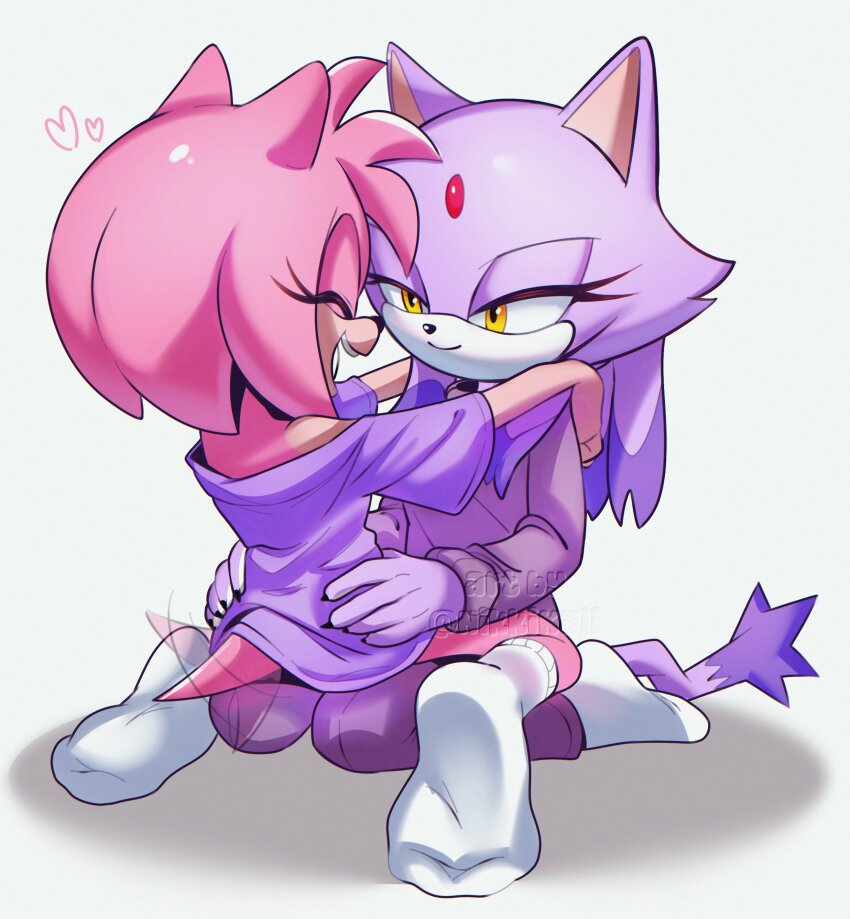 2girls, absurdres, alternate_costume, alternate_hairstyle, amy_rose, animal_ears, blaze_the_cat, cat_ears