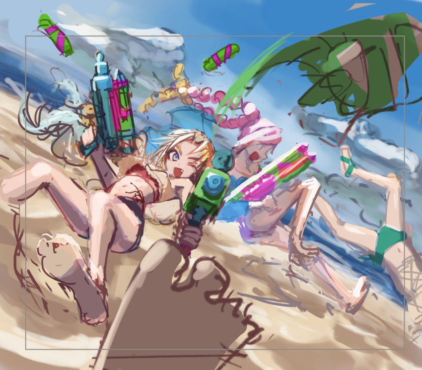 4girls, ;d, aiming, aiming_at_viewer, anyoji_hime, anyoji_hime_(c106_swimsuit), beach, blonde_hair