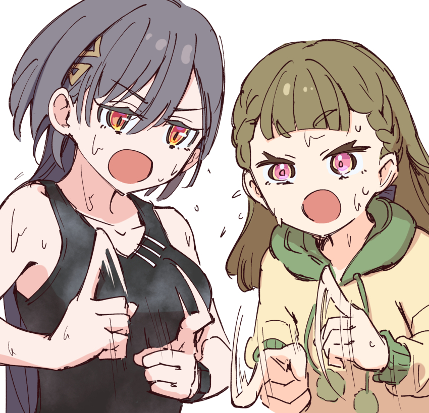 2girls, bare_shoulders, black_bow, black_hair, black_tank_top, bow, braid, breasts