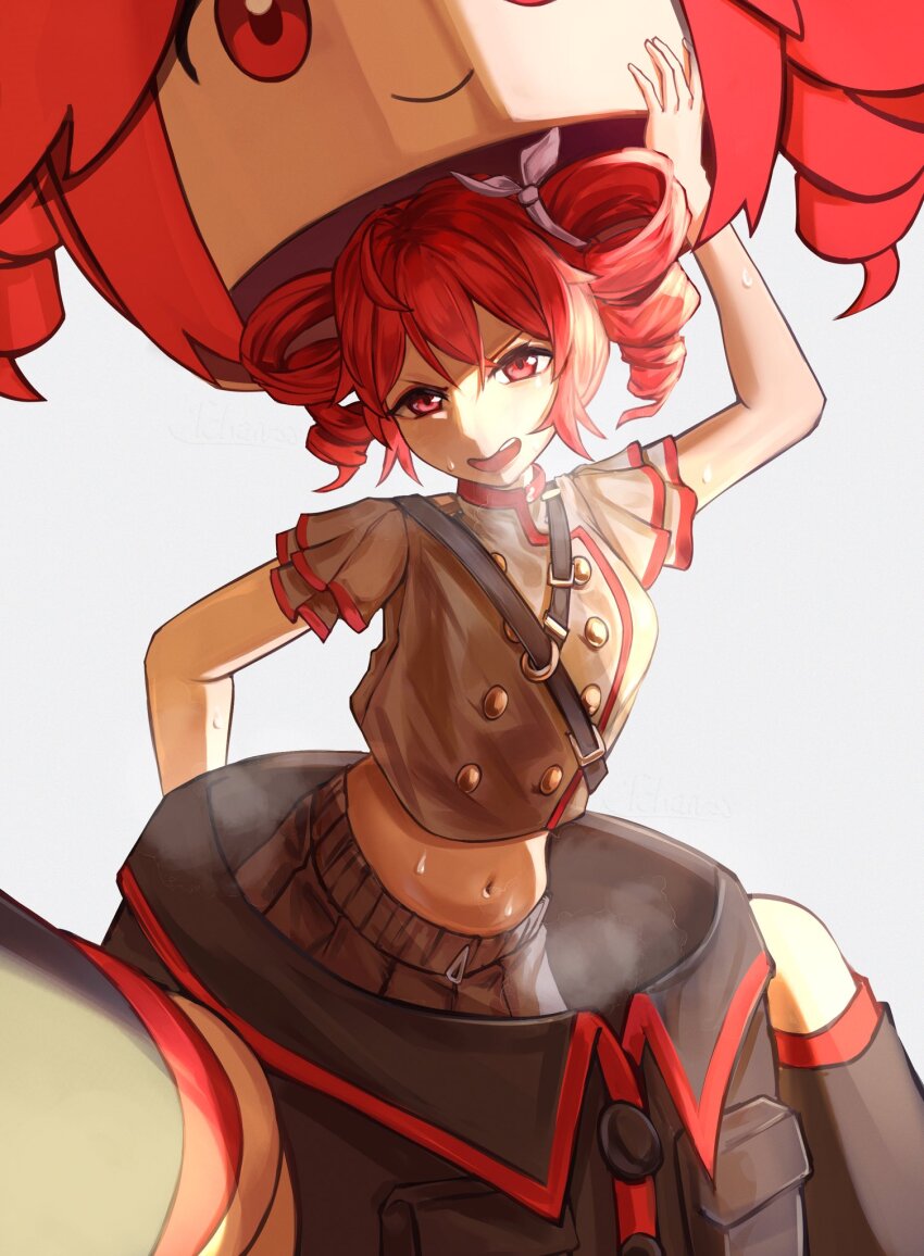 commentary, cowboy_shot, drill_hair, english_commentary, grey_background, grey_shirt, grey_skirt, hair_ribbon