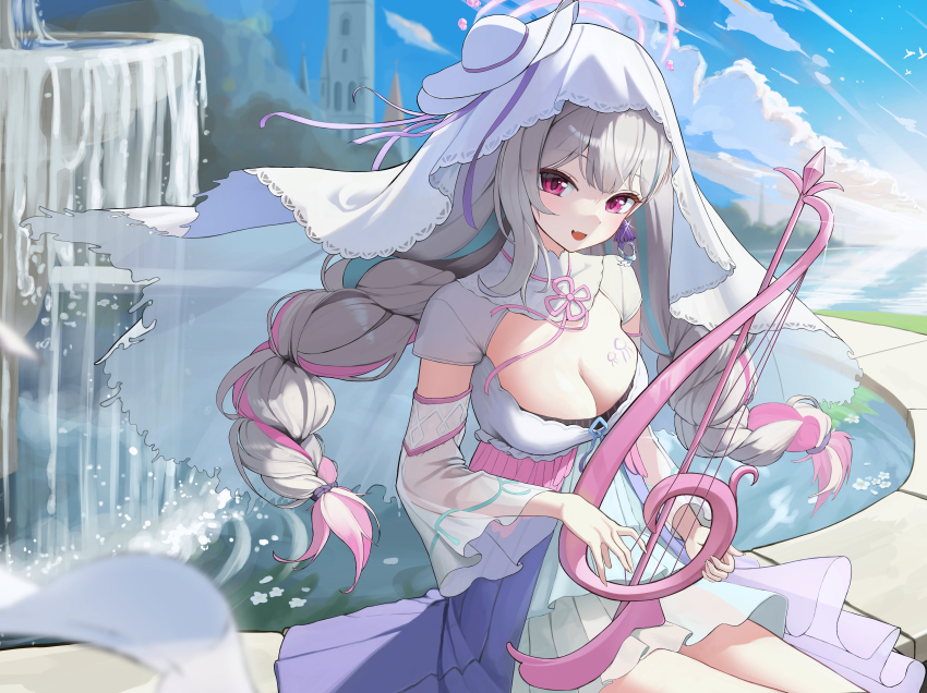 1girl, absurdres, blue_hair, braid, breasts, chest_tattoo, cleavage, cloud