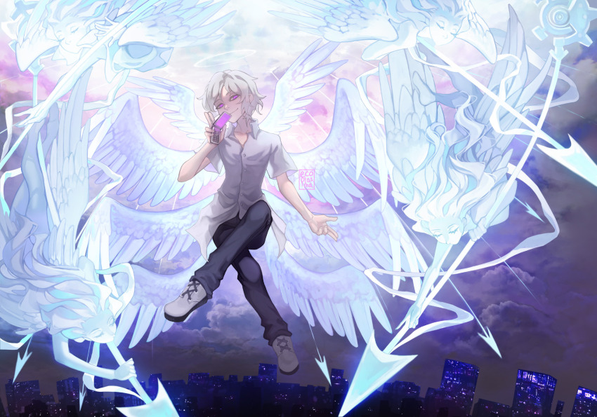 1boy, angel, angel_wings, buttons, cellphone, city, city_lights, cityscape