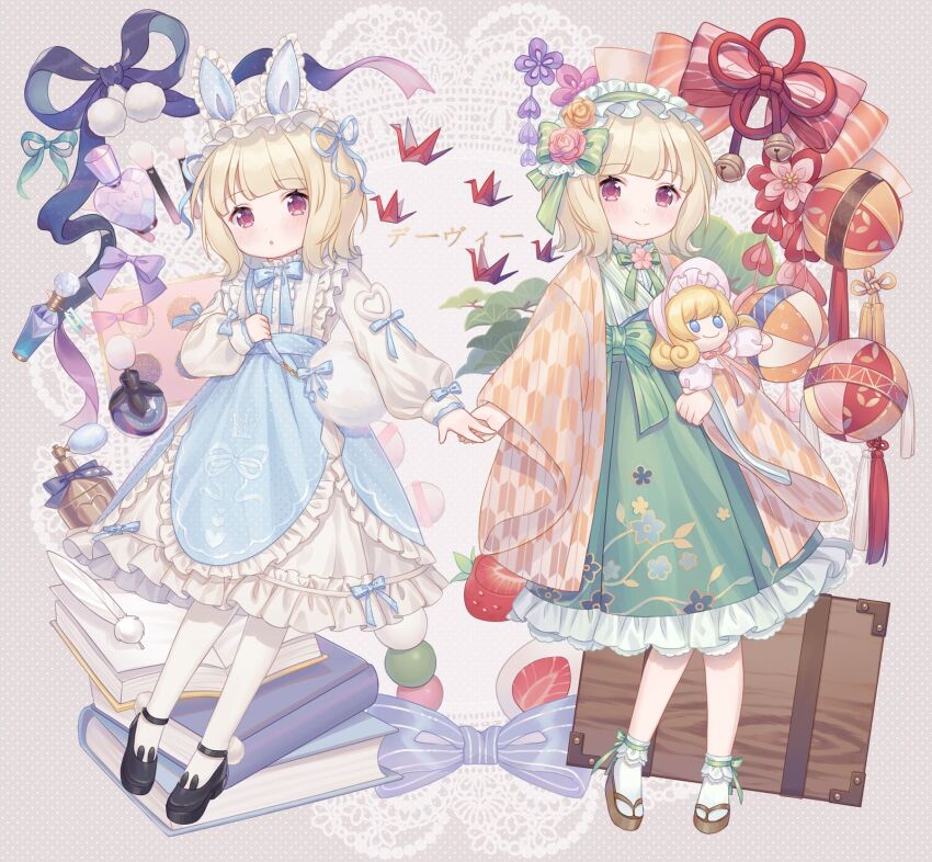 2girls, :o, animal_ear_footwear, animal_ear_hairband, animal_ears, anklet, bag, bag_bow