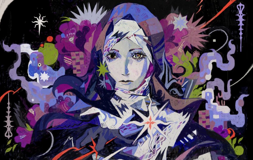 1girl, abstract_background, absurdres, black_capelet, black_hood, capelet, coif, elden_ring, elden_ring_nightreign, gameplay_ability, gameplay_mechanics, hashtag-only_commentary, highres, looking_at_viewer, lululu0111, nun, pale_skin, portrait, solo, star_(symbol), undertaker_(elden_ring), white_coif