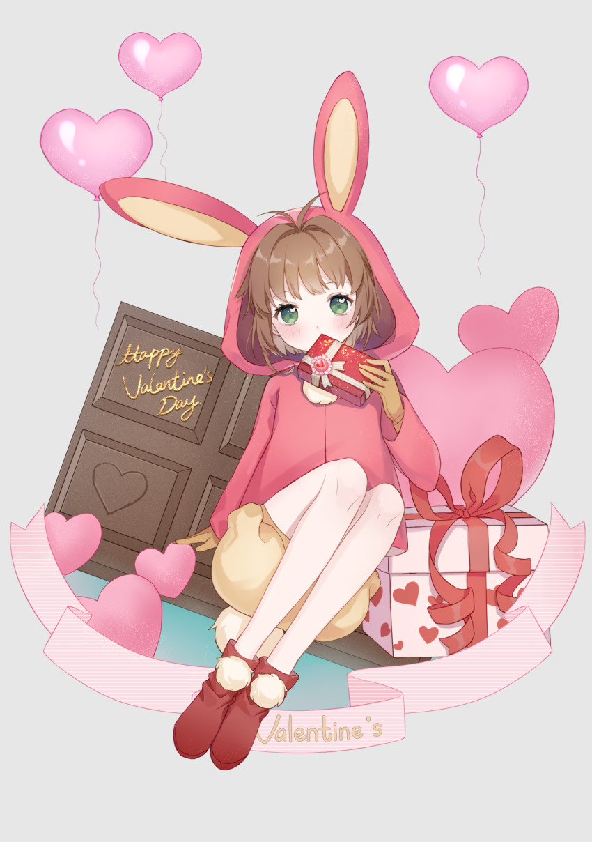 1girl, animal_ear_hood, animal_ears, antenna_hair, balloon, banner, bare_legs, boots