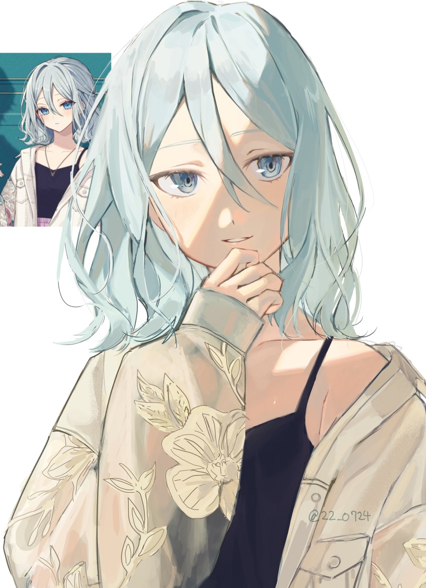 1girl, 404-chan_(22_0724), absurdres, black_tank_top, blue_eyes, blue_hair, commentary, crop_top