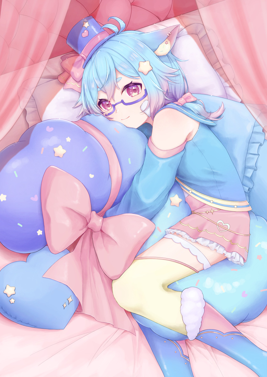 1boy, absurdres, aka_tadaima, androgynous, animal_ears, black_boots, blue-framed_eyewear, blue_(vtuber), blue_hair, blue_hat, boots, bow, cat_ears, closed_mouth, commission, dream_e, girly_boy, glasses, hat, highres, hugging_object, lying, male_focus, on_side, pillow, pillow_hug, pink_bow, pink_eyes, pink_shorts, pixiv_commission, shorts, top_hat, virtual_youtuber