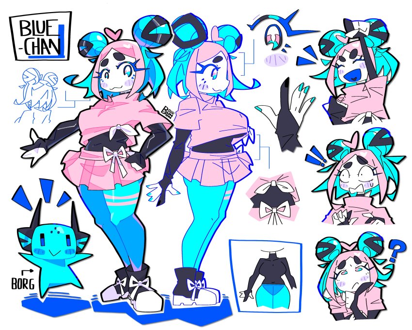 absurdres, ahoge, black_leotard, blue-chan_(bourbunbun), blue_eyes, blue_hair, blue_nails, blue_pantyhose