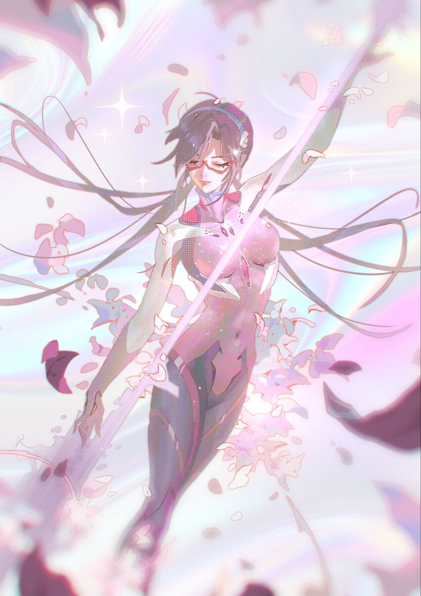 1girl, bodysuit, breasts, brown_hair, closed_eyes, commentary, covered_navel, glasses, highres, jiunn_kuo, long_hair, makinami_mari_illustrious, mecha_pilot_suit, mixed-language_commentary, navel, neon_genesis_evangelion, pink_bodysuit, plugsuit_(evangelion), rebuild_of_evangelion, red-framed_eyewear, semi-rimless_eyewear, solo, under-rim_eyewear