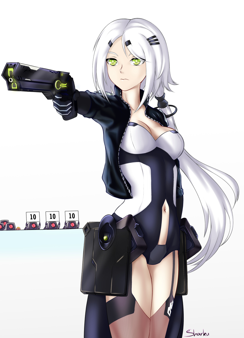 1girl, absurdres, aiming, commentary, concentrating, dinergate_(girls'_frontline), energy_gun, english_commentary
