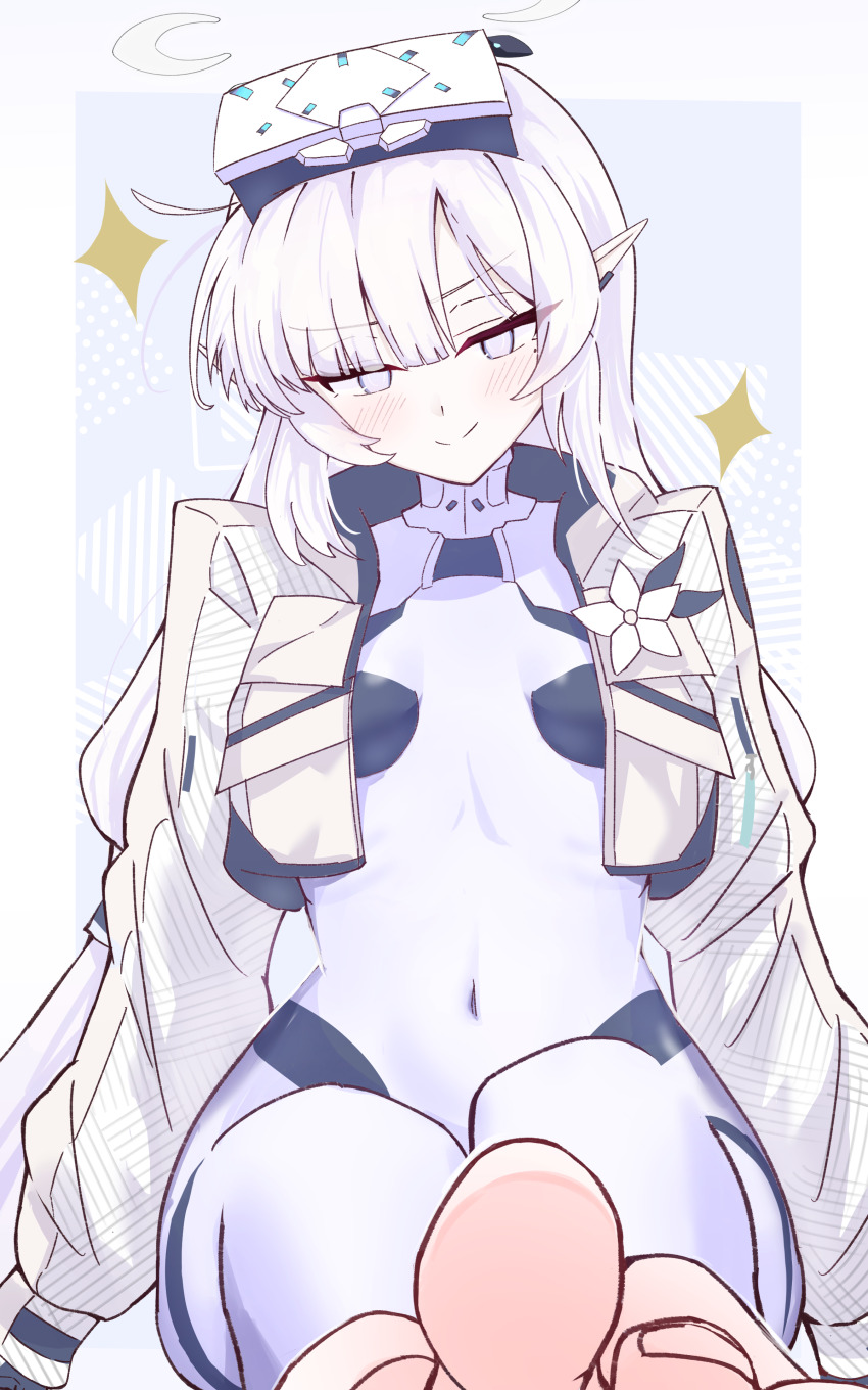 absurdres, barefoot, blue_archive, blush, bodysuit, breasts, commentary_request, covered_navel, gloves, goggles, goggles_on_head, h1a0t6, halo, highres, himari_(blue_archive), himari_(armed)_(blue_archive), long_hair, looking_at_viewer, pointy_ears, purple_eyes, small_breasts, sparkle, white_hair