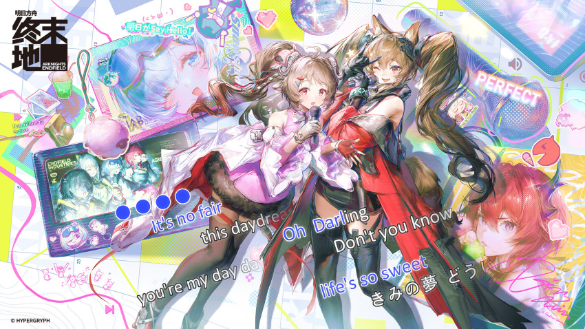2girls, :d, angelina_(arknights), animal_ears, ardelia_(arknights), arknights, arknights:_endfield, asymmetrical_gloves, aurora_(arknights), baby_animal, bare_shoulders, belt, black_dress, black_gloves, black_thighhighs, bracelet, character_name, charm_(object), chinese_commentary, coat, commentary_request, demon_girl, demon_horns, diamond-shaped_pupils, diamond_(shape), dot_nose, dress, elevation_contour_lines, endministrator_(arknights), english_text, fingerless_gloves, food, food_on_face, fox_girl, fox_shadow_puppet, fox_tail, gilberta_(arknights), gloves, high-waist_belt, highres, holding, holding_microphone, horns, ice_cream, infection_monitor_(arknights), jell_(jell_y_fish), jewelry, karaoke, laevatain_(arknights), lamb, licking, little_black_sheep_(arknights), long_hair, long_sleeves, lyrics, m3_(arknights), microphone, multiple_girls, music, open_clothes, open_coat, open_mouth, purple_dress, red_coat, red_gloves, red_hair, sheep, sheep_ears, sheep_girl, sheep_horns, short_dress, side_ponytail, singing, sleeveless, sleeveless_dress, smile, snowshine_(arknights), surtr_(arknights), symbol-shaped_pupils, tablet_pc, tail, thighhighs, twintails, wide_sleeves, wings, zettai_ryouiki