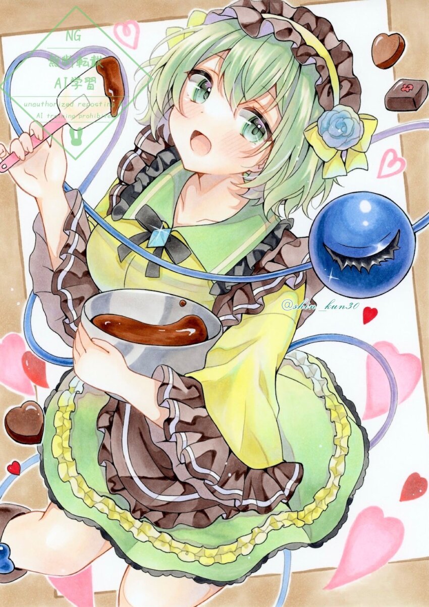 1girl, black_bow, blue_flower, blue_rose, bow, chocolate, collared_shirt, commentary