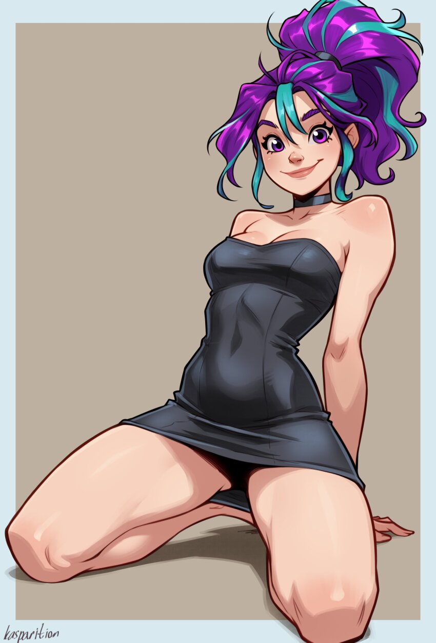 1girl, absurdres, all_fours, arms_behind_back, artist_name, black_choker, black_dress, blue_streaks