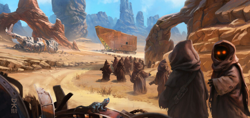 6+boys, brown_robe, daniele_montella, day, desert, glowing, glowing_eyes, hooded_robe, jawa, multiple_boys, outdoors, red_eyes, robe, sand, sandcrawler, star_wars, tatooine