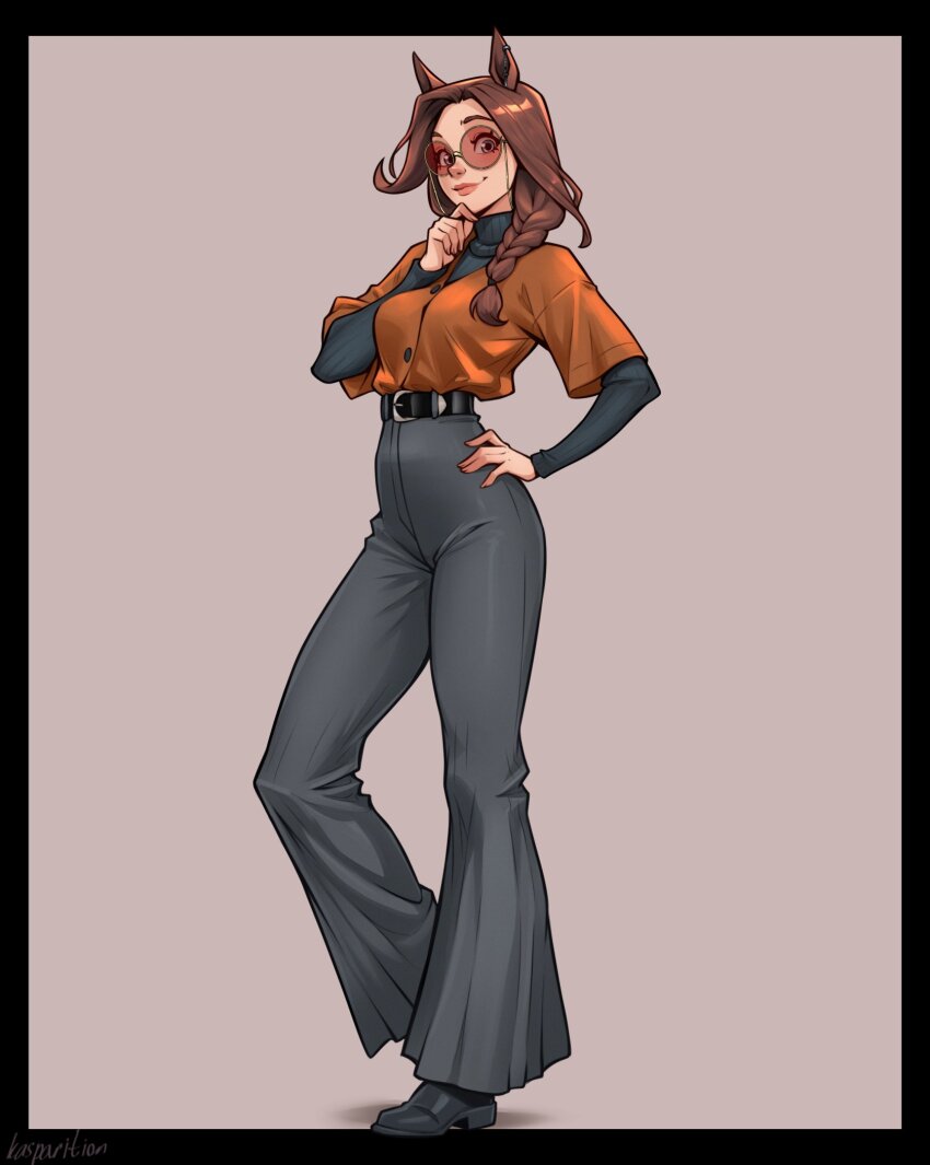1girl, animal_ears, bell-bottoms, belt, belt_buckle, black_belt, black_sweater, braid, braided_ponytail, brown_hair, buckle, commentary, english_commentary, fingers_on_chin, glasses, grey_pants, hair_over_shoulder, hand_on_own_chin, hand_on_own_hip, high-waist_pants, highres, horse_ears, horse_girl, kasparition, long_hair, orange_shirt, pants, pink_lips, shirt, standing, sweater, turtleneck, turtleneck_sweater