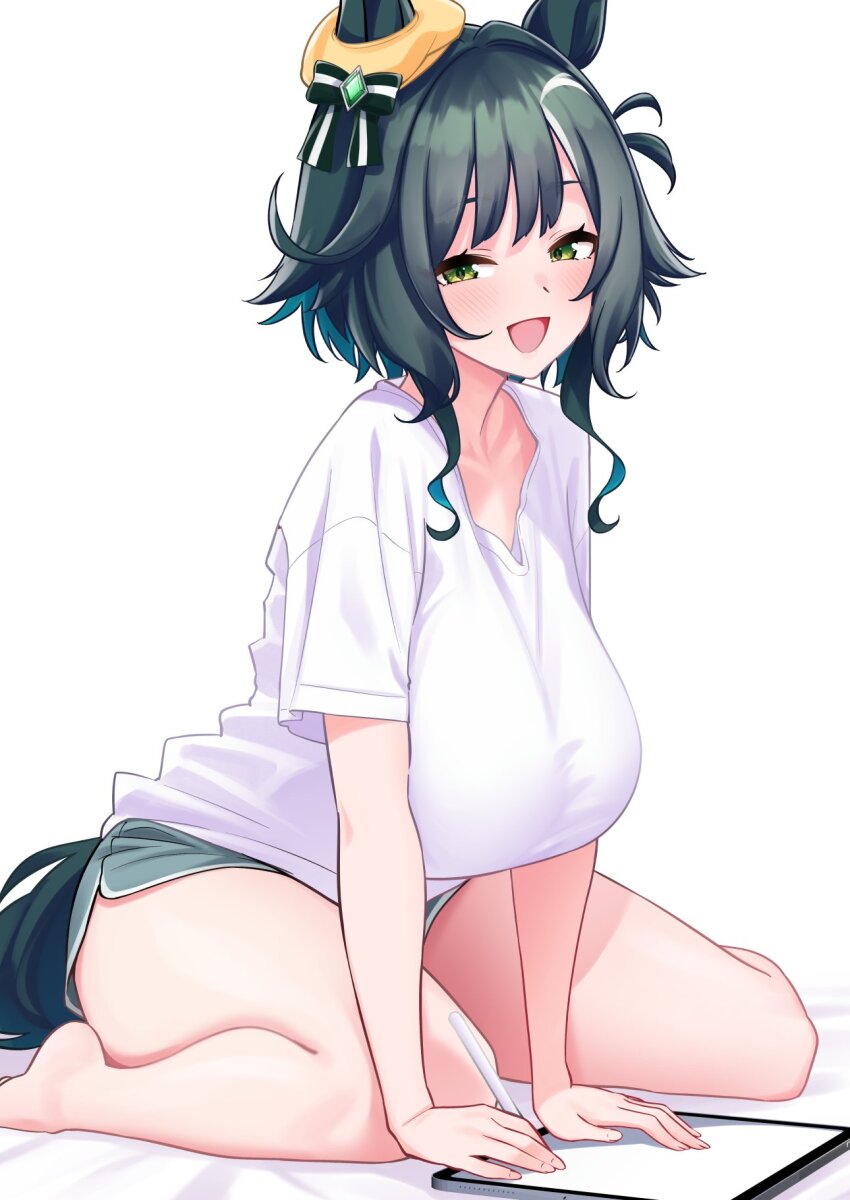 1girl, alternate_costume, animal_ears, aqua_hair, aqua_tail, arm_support, blush, breasts