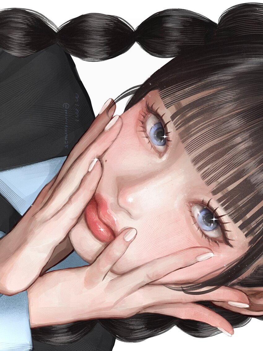 1girl, aegyo_sal, black_hair, black_necktie, black_skirt, blue_eyes, blunt_bangs, braid