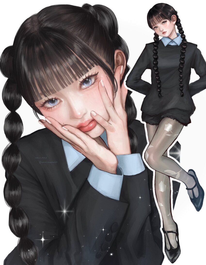 1girl, aegyo_sal, black_hair, black_shoes, commentary_request, dress, highres, looking_at_viewer, mimitanu25, pantyhose, real_life, realistic, rei_(ive), shirt, shoes, simple_background, solo, twintails