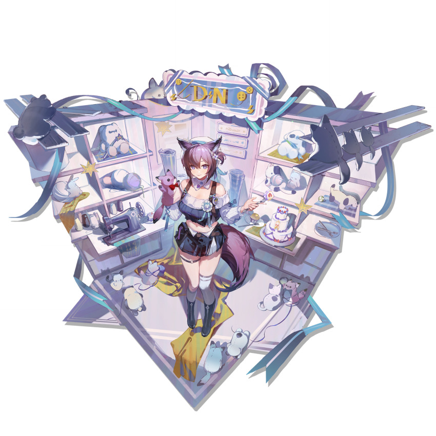 1girl, 3mo, animal_ears, arknights, bare_shoulders, black_boots, black_skirt, boots