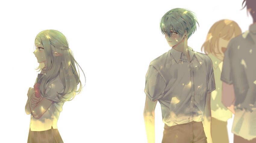 2boys, 2girls, black_pants, black_skirt, blue_eyes, blue_hair, brown_hair, collared_shirt