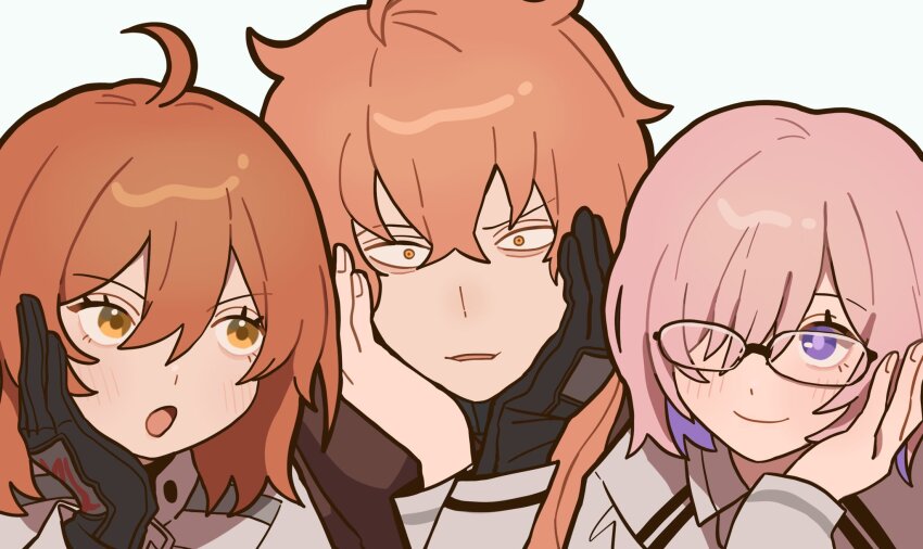 1boy, 2girls, 773_577_773, :o, ahoge, black-framed_eyewear, black_gloves, chaldea_logo