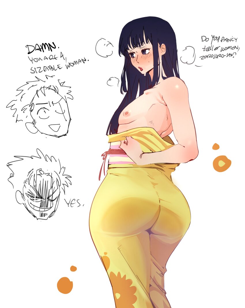 2boys, absurdres, ass, averting_eyes, bare_shoulders, black_hair, blunt_bangs, blush