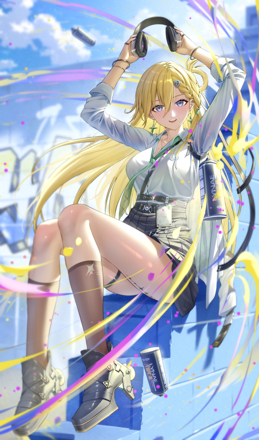 1girl, absurdres, arms_up, black_shoes, black_skirt, black_socks, blue_sky, breasts