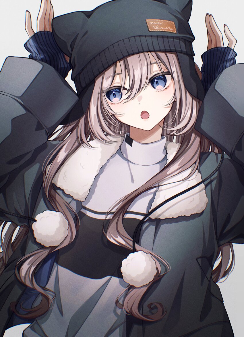 1girl, animal_ear_headwear, beanie, black_hat, blue_eyes, brown_hair, drawstring, fake_animal_ears