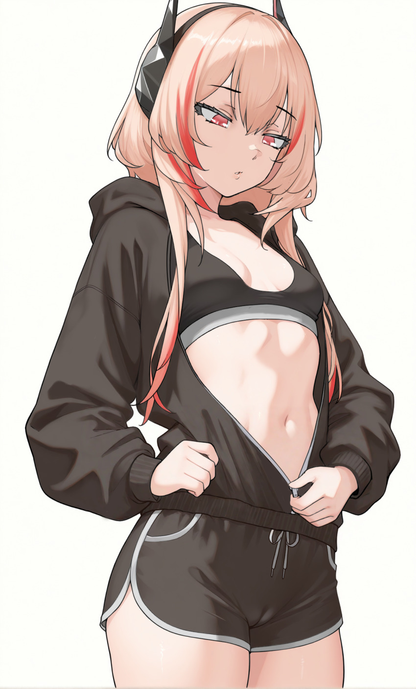 1girl, black_hoodie, black_shorts, blonde_hair, breasts, breasts_apart, cameltoe, commentary, cowboy_shot, dolphin_shorts, english_commentary, gd146, girls'_frontline, girls'_frontline_2:_exilium, headphones, highres, hood, hoodie, long_sleeves, looking_down, m4_sopmod_ii_(girls'_frontline), multicolored_hair, narrowed_eyes, navel, paid_reward_available, parted_lips, partially_unzipped, red_eyes, red_hair, short_hair_with_long_locks, short_shorts, shorts, simple_background, small_breasts, solo, soppo_(girls'_frontline_2), sports_bra, standing, stomach, streaked_hair, thighs, toned, toned_female, unzipping, white_background