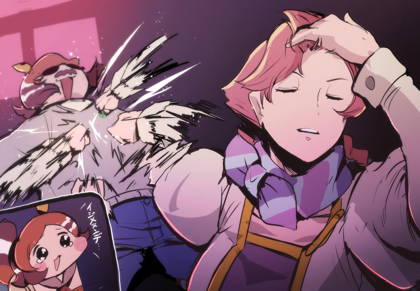 1boy, 2girls, :o, absurdres, adjusting_hair, apocalypse_hotel, brown_hair, bunbuku_procione, chibi, chibi_inset, closed_eyes, commentary_request, hand_in_own_hair, hand_on_own_head, highres, hitting, jab, long_hair, meme, multiple_girls, naoya_hitting_choso_without_looking_(meme), open_mouth, parody, ponko_procione, punching, purple_scarf, rapid_punches, riri_(dgra3272), scarf, scene_reference, smear_frame, yachiyo_(apocalypse_hotel)