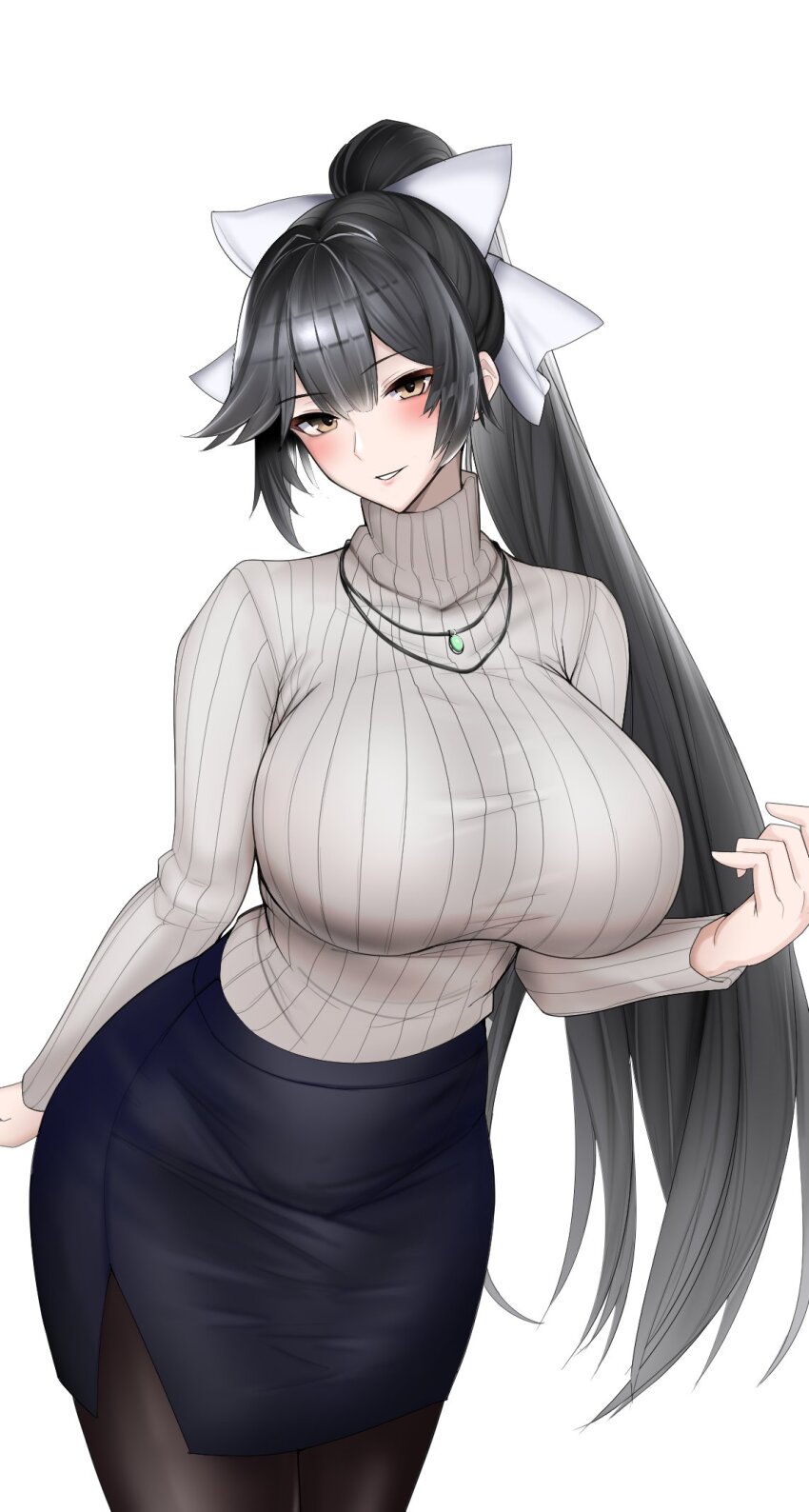 1girl, azur_lane, black_hair, black_pantyhose, blush, breasts, commentary_request, cowboy_shot