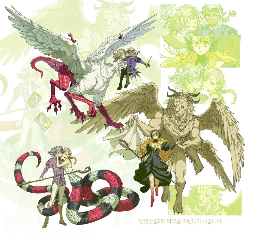 3boys, 3girls, :o, ambrosia_(dungeon_meshi), bare_shoulders, barefoot, black_corset, black_dress