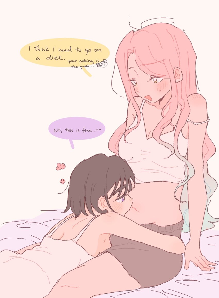 2girls, alien_stage, black_hair, blush, camisole, coldmeow, dress, english_text