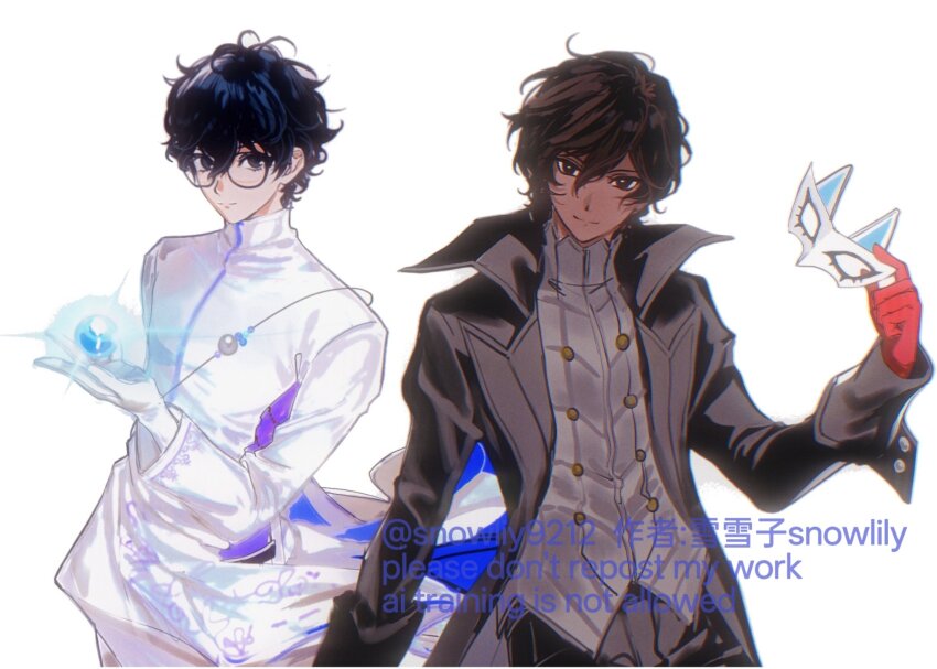 2boys, amamiya_ren, amamiya_ren_(cosplay), arjuna_(fate), arjuna_(fate)_(cosplay), arm_at_side, artist_name, black_coat