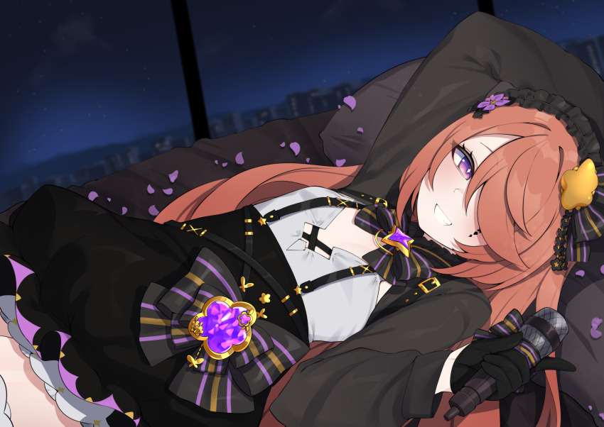 1girl, absurdres, black_bow, black_bowtie, black_gloves, black_shirt, black_skirt, bow, bowtie, brooch, commentary, english_commentary, facial_mark, flat_chest, gloves, hair_ornament, hair_over_one_eye, highres, holding, holding_microphone, indie_virtual_youtuber, jewelry, long_hair, long_sleeves, lying, microphone, multicolored_bow, night, nina_saotome, nina_saotome_(nina_2.0), on_back, orange_hair, petals, pillow, purple_eyes, purple_petals, shirt, skirt, sky, smile, solo, star_brooch, striped_bow, striped_bowtie, striped_clothes, suspender_skirt, suspenders, valefal_coneri, virtual_youtuber, white_shirt