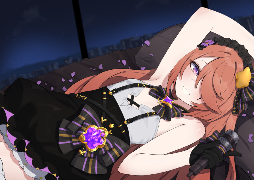 1girl, absurdres, bare_shoulders, black_bow, black_bowtie, black_gloves, black_skirt, bow, bowtie, brooch, commentary, english_commentary, facial_mark, flat_chest, gloves, hair_ornament, hair_over_one_eye, highres, holding, holding_microphone, indie_virtual_youtuber, jewelry, long_hair, lying, microphone, multicolored_bow, night, nina_saotome, nina_saotome_(nina_2.0), on_back, orange_hair, petals, pillow, purple_eyes, purple_petals, shirt, skirt, sky, smile, solo, star_brooch, striped_bow, striped_bowtie, striped_clothes, suspender_skirt, suspenders, valefal_coneri, virtual_youtuber, white_shirt